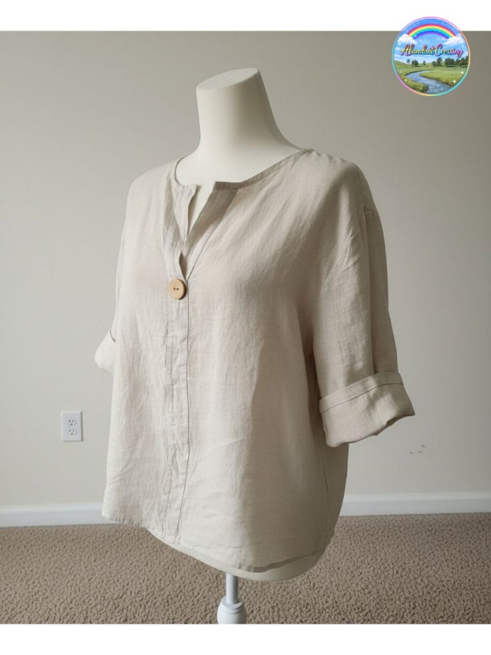 Women's Plus Size Linen Tunic 3/4 Sleeve V-Neck Peasant Top